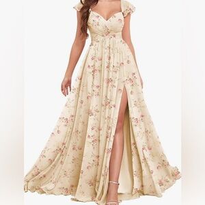 New Floral Cream/ Champagne Maxi Dress